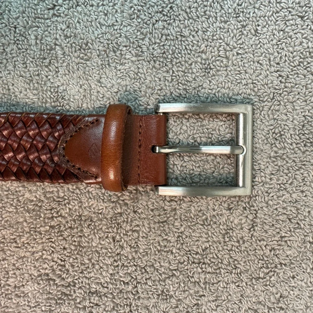 Mens Brown Woven Braided Leather Belt Size 36 Silver Buckle Casual Business